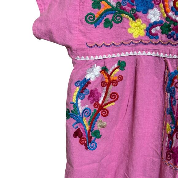 Mexican Dress Tunic Small Embroidered Pink Colorful Puff Sleeve Artsy Boho - Picture 3 of 7